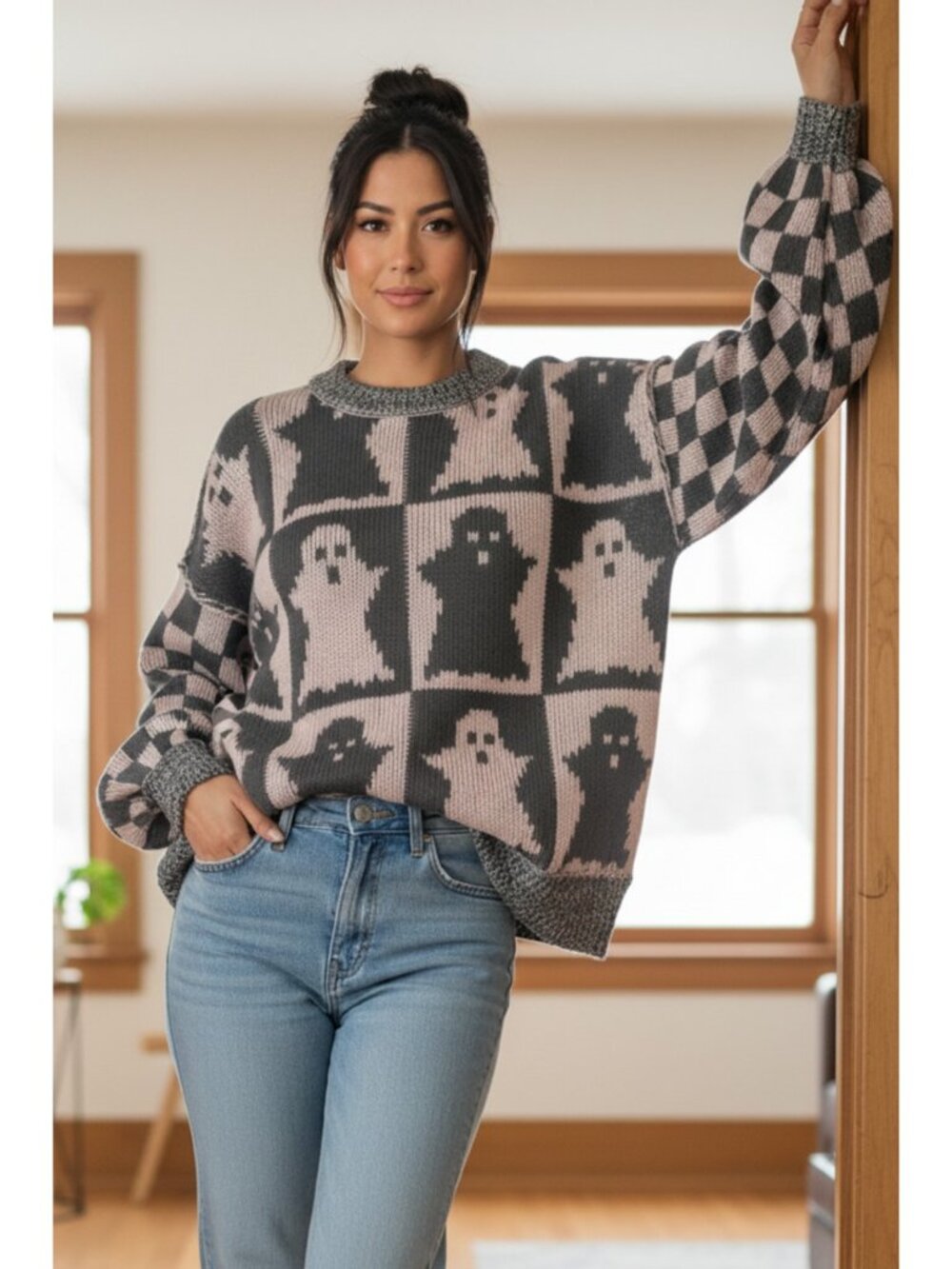 Ghost Checker Exposed Seam Boxy Pullover Oversized Colorblock Halloween Sweater
